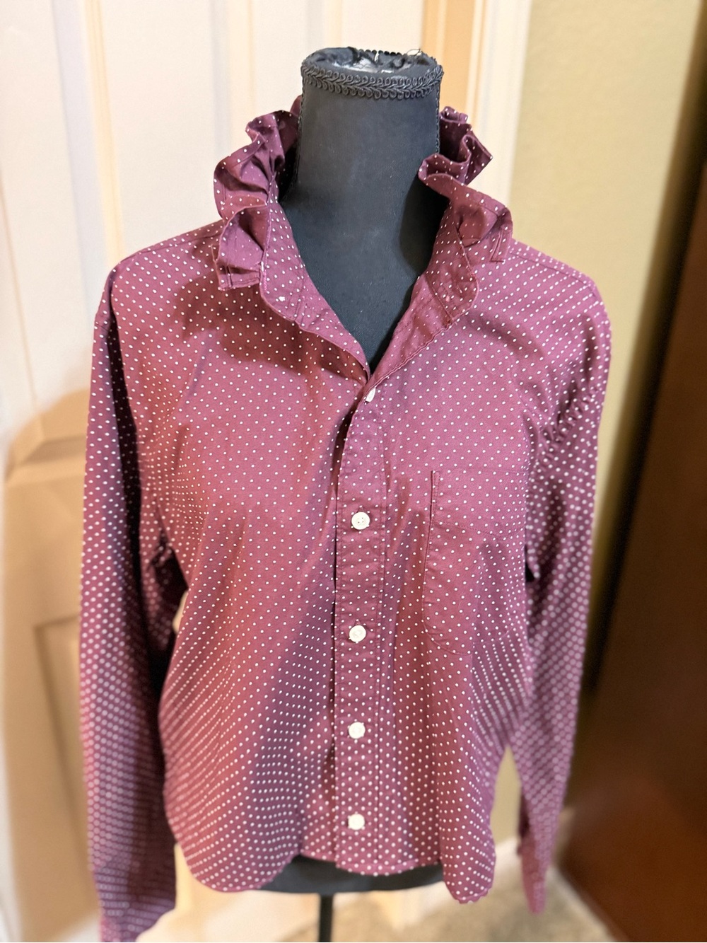 Upcycled Polka Dot Button-Up Shirt with Ruffle Collar- Texas A&M